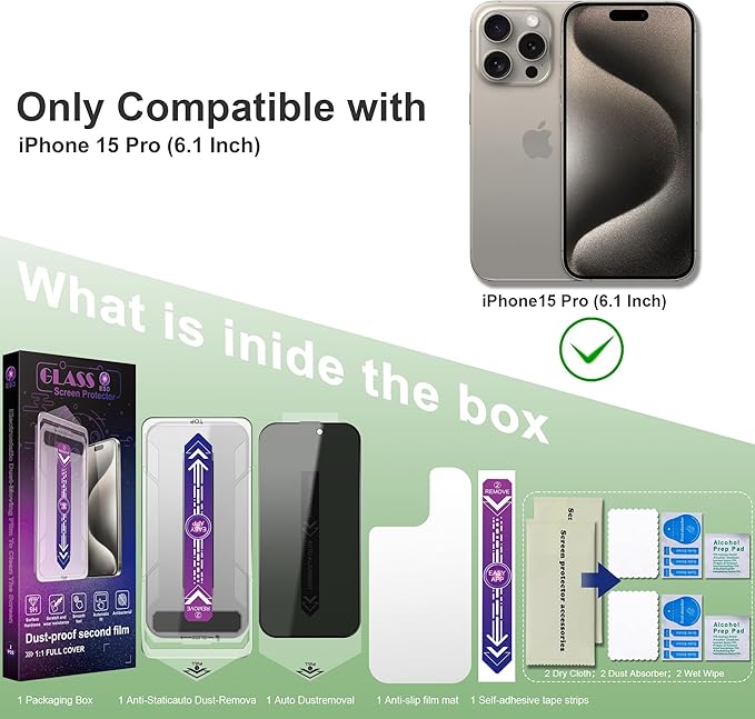 2 Pack Privacy Screen Protector for iPhone 15 Pro 6.1-Inch Auto Dust Removal, No Bubbles,Anti-Spy Tempered Glass Film, Easy Installation