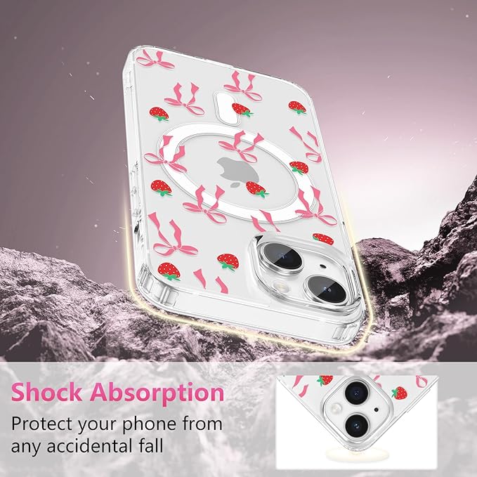 ZTOFERA for iPhone 14 Plus/15 Plus Magnetic Case Clear,Cute Love Heart Ribbon Bow Tie Aesthetic Phone Case,Transparent Trendy Slim Soft Shockproof Protective Phone Cover for Women Girls,Blush