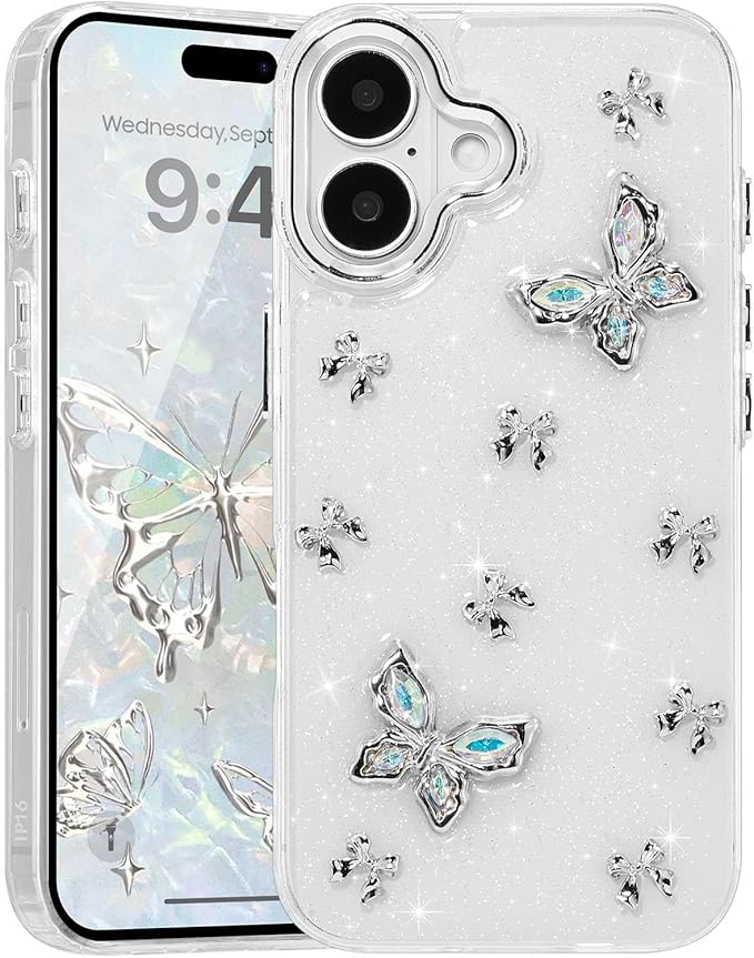 EYZUTAK Case for iPhone 17, Bling Glitter 3D Butterflies Bowknot Phone Case Cute Crystal Clear Bow Aesthetic Cover Slim Soft Durable TPU Transparent Protective Cover for Women Girls - Butterfly