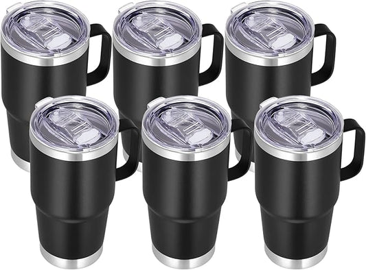 VEGOND 20 oz Tumbler Bulk with Handle Lid and Straw, Stainless Steel Insulated Travel Coffee Mug Set, Spill Proof Double Wall Metal Tumblers Cups, Black 6 Pack
