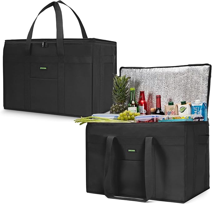 JUNGYOON 2-Pack Heavy-Duty Insulated Grocery Bags & Picnic Basket – Collapsible Cooler Bag with Zippered Top | Reusable Shopping Bags for Groceries, Picnics, Easy Storage(XXXL Black)