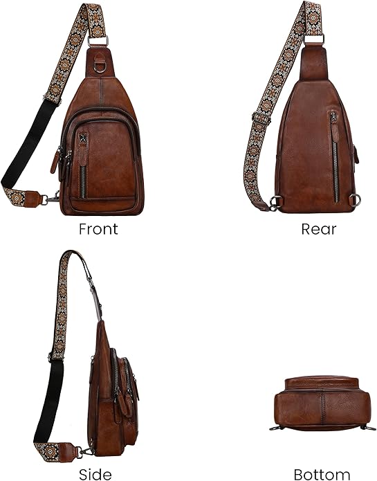 HESHE Leather Sling Bag for Women Crossbody Bags with Multi-Pocket Stylish Fanny Packs for Travel Chest Bag