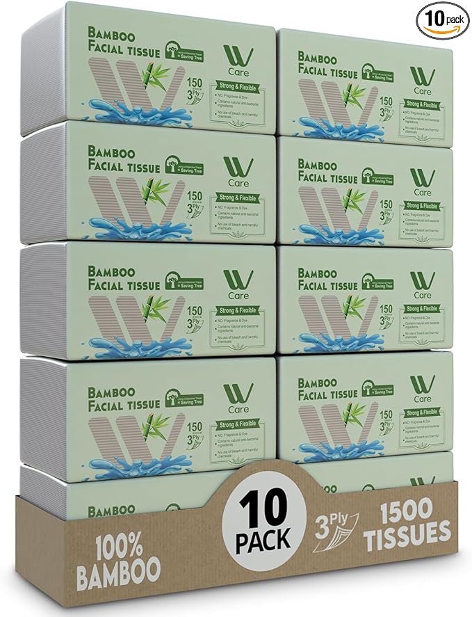 Care Bamboo Facial Tissues, Bulk Box of 10 Packs, 150 Sheets Each, Total 1,500 Sheets, Soft and eco-friendly, perfect for everyday use, great value