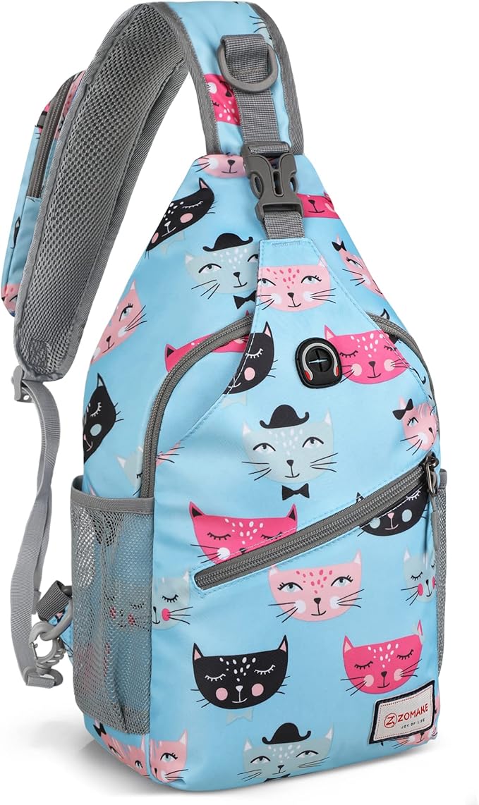ZOMAKE Sling Bag,Small Crossbody Sling Backpack,Water Resistant Shoulder Daypack for Travel,Anti Thief Chest Bag for Hiking(Cat'S Head Light Blue)