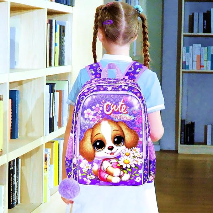 16" Girls Backpack, 3Pcs Dog School Bookbag with Lunch Box, Kids Backpacks for Elementary Preschool Kindergarten(Purple)
