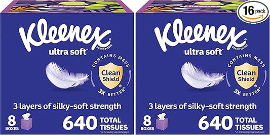 Kleenex Ultra Soft Facial Tissues, 8 Cube Boxes, 80 Tissues per Box, 3-Ply, Packaging May Vary (Pack of 2)
