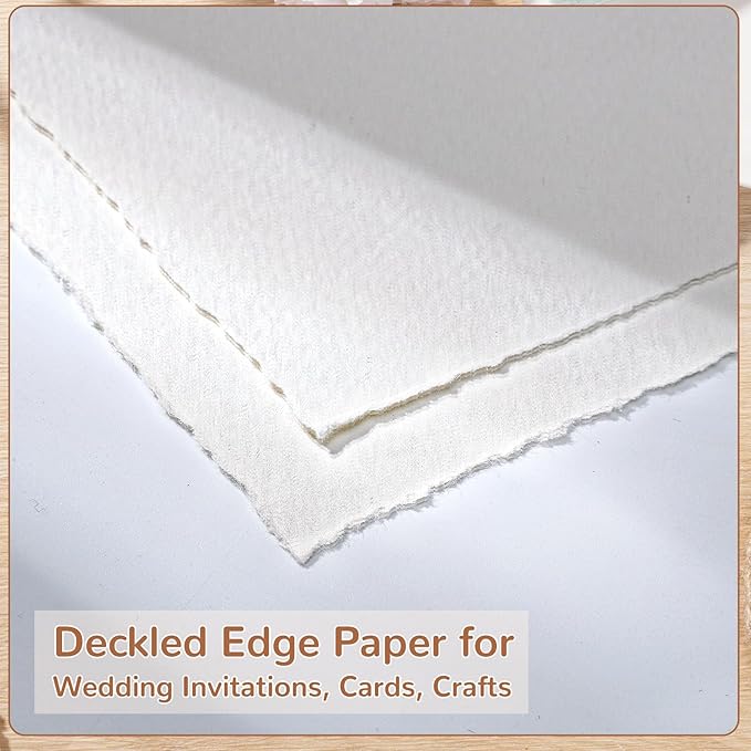 50 Sheets Deckled Edge Paper 5 x 7inch, 160 GSM Handmade Paper Rough/Textured Watercolor Paper for Wedding Invitations, Cards, Crafts