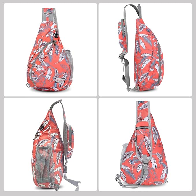 ZOMAKE Sling Bag,Small Crossbody Sling Backpack,Water Resistant Shoulder Daypack for Travel,Anti Thief Chest Bag for Hiking(Orange White Leaf)