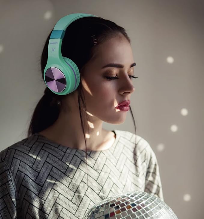 Riwbox Bluetooth Headphones, XBT-80 Folding Stereo Wireless Bluetooth Headphones Over Ear with Microphone and Volume Control, Wireless and Wired Headset for PC/Cell Phones/TV/Gym (Purple Green)