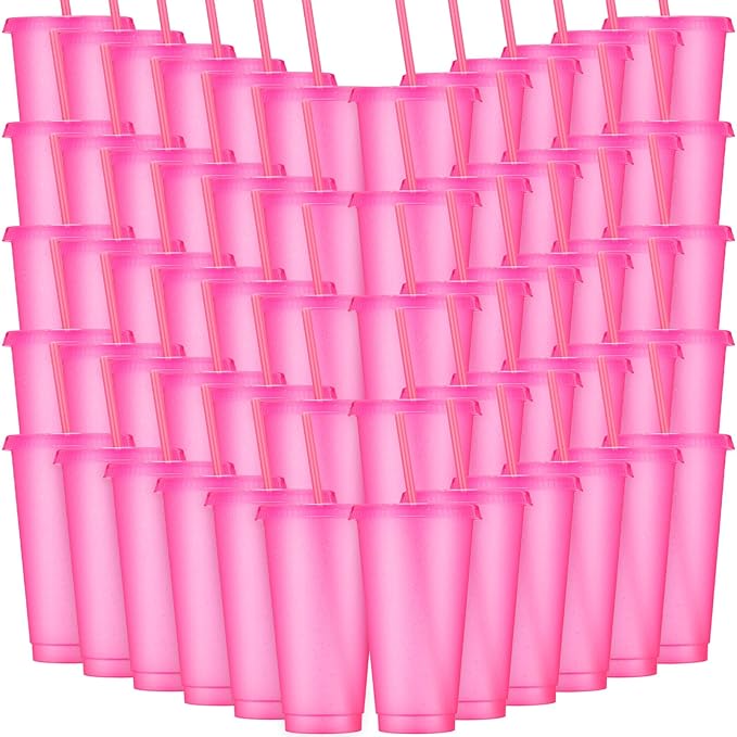 Honeydak 60 Pack Tumbler with Straw and Lid Bulk Glitter Plastic Cups Water Bottle Iced Coffee Travel Mug Reusable Party Favor Cups for Birthdays travel 24-27 oz (Hot Pink)