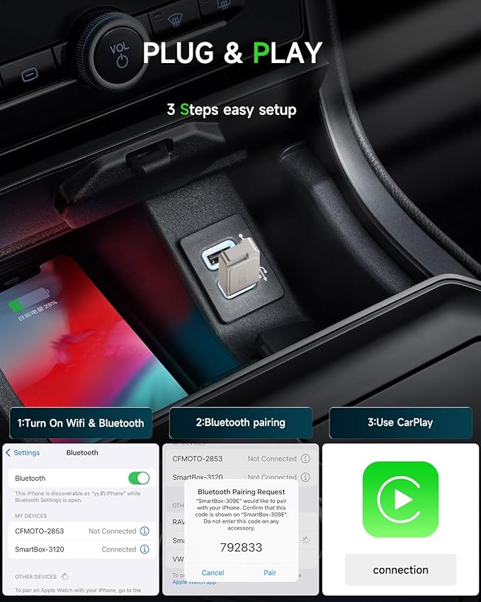 Spedal Wierless CarPlay Adapter for iPhone and Android, Mini CarPlay Wierless Adapter -2in1 CarPlay Design, Fast Pairing,Stable Car Control & No Delay, USB & Type-C Extension Cable Included