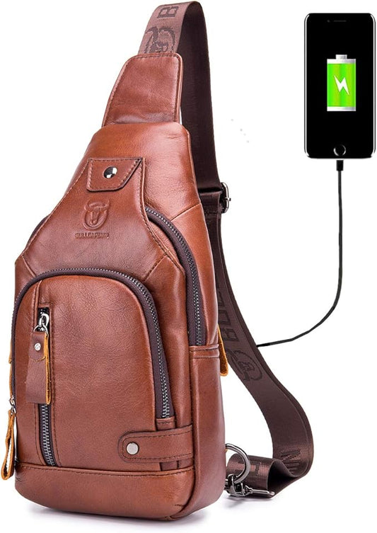 BULLCAPTAIN Genuine Leather Sling Bag with USB Charging Port Multi-pocket Chest Bag for Men Hiking Travel Daypack XB-129