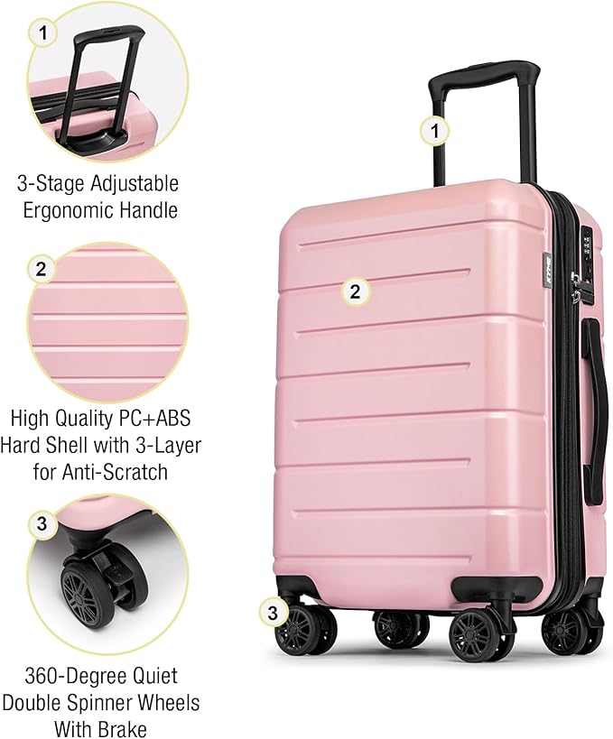KYME Pink Hardside Expandable Carry On Luggage 22x14x9 Airline Approved 20 Inch Hardshell Carry On Suitcase with Wheels TSA Lock Small Travel Rolling Luggage with Cup Holder for Women
