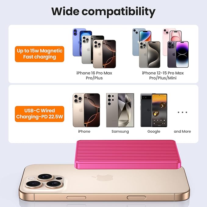 Magnetic Power Bank,Ultra Slim Wireless Portable Charger 5000mAh,20W PD Magnetic Battery Pack Fast Charging,USB C in&Out Powerbank for iPhone 16/15/14/13/12 Pro Max