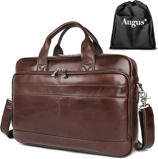 Augus Leather Messenger Bag for Men Vintage Travel Backpack 17 inch laptop Briefcase Shoulder Bags
