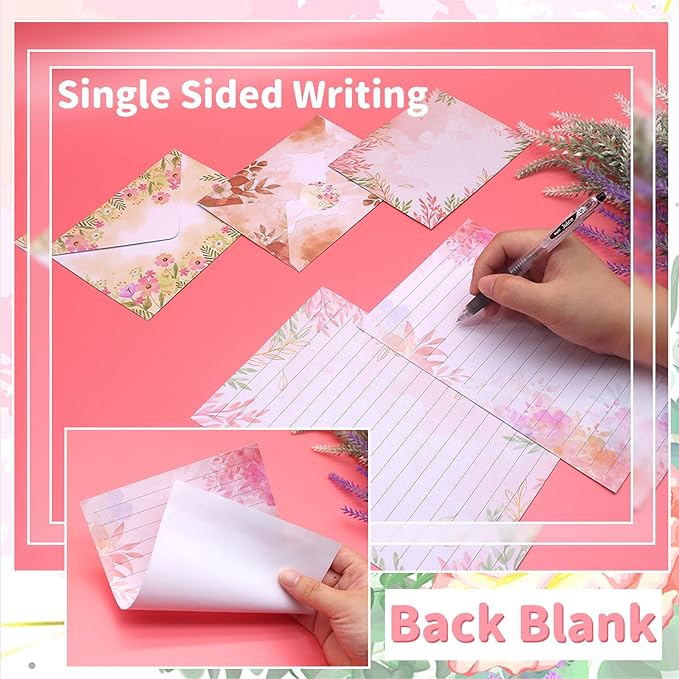 160 Pcs Stationery Paper Set Including 50 Matching Envelopes 50 One Sided Stationery Writing Papers 60 Round Dot Sticker for School Office Supplies,10 Design, 5.5 x 8.25 Inch(Flower)