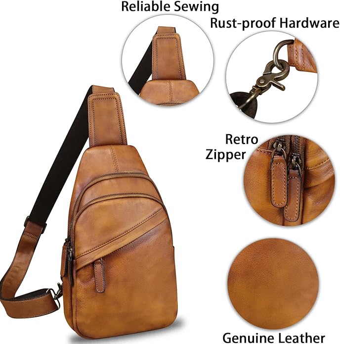 Genuine Leather Silng Bag for Men and Women Vintage Leather Sling Backpack Fashion Shoulder Crossbody Bag Chest Purse