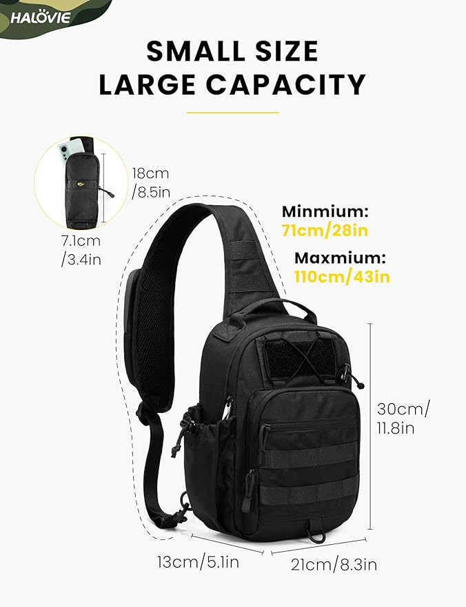 HALOVIE Anti-theft Tactical Sling Bag RFID Black Military Shoulder Bag with Phone Pack EDC Molle Crossbody Bag for men