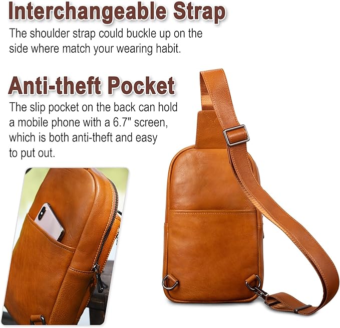 Genuine Leather Sling Bag for Men and Women Crossbody Shoulder Purse Chest Sling Backpack Carry on Casual Daypack