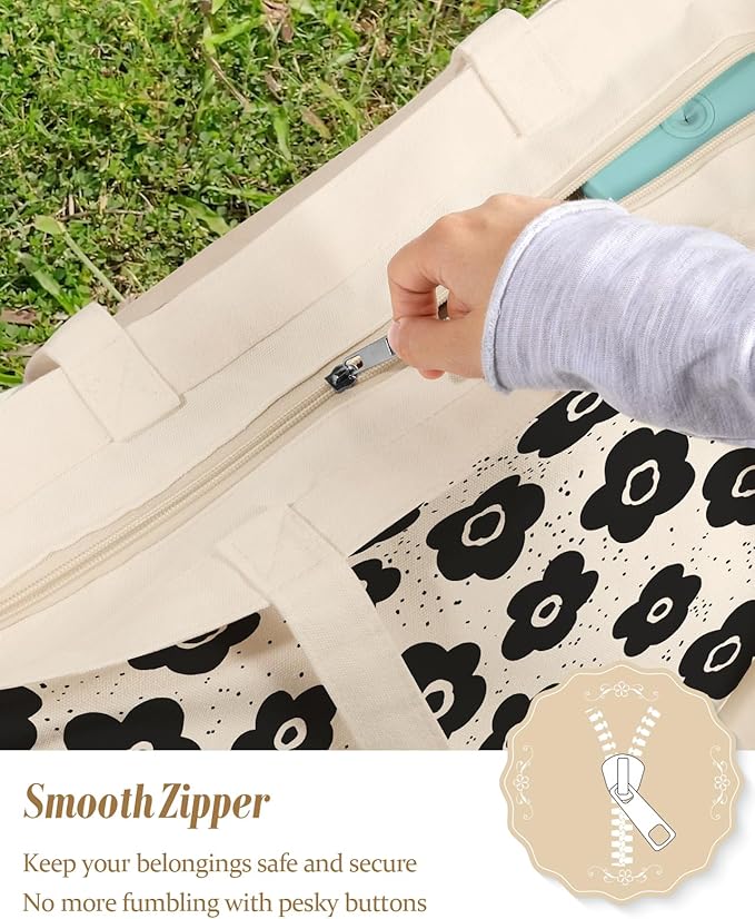 Large Tote Bag for Women - Canvas Tote Bag with Zipper Aesthetic Reusable Shoulder Bag for Gym, Travel, Work