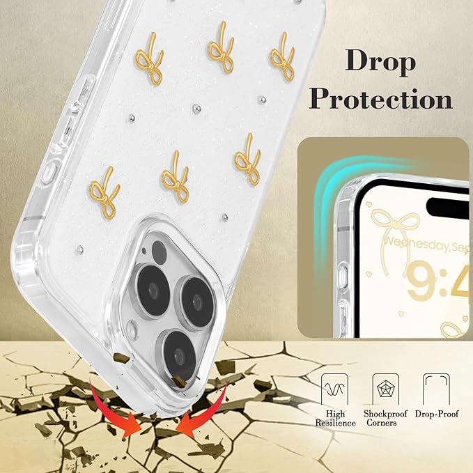 EYZUTAK Case for iPhone 15 Pro, Bling Glitter 3D Bowknot Phone Case Cute Sparkly Crystal Clear Bow Aesthetic Design Case Slim Soft Durable TPU Transparent Protective Cover for Women Girls - Gold Bow