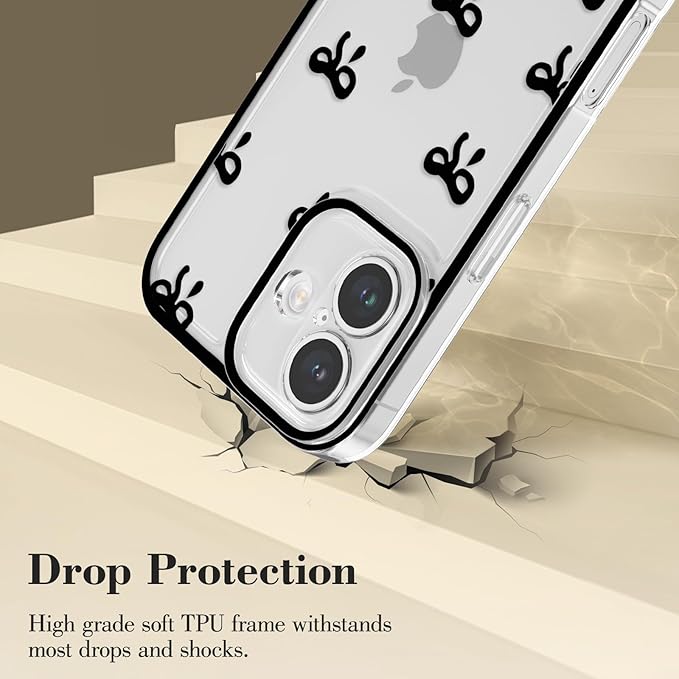 EYZUTAK Case for iPhone 16 Plus, Clear Cute Ribbon Bowknot Pattern Aesthetic Transparent Phone Case Raised Camera Protection Stylish Slim Soft Durable TPU Protective Cover for Women Girls - Black