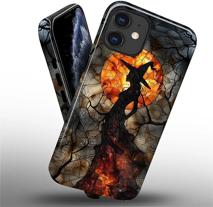 Case for iPhone 11 Case,Halloween Witch Moon Stained Glass Design - Hybrid Dual Protection Silicone + Hard PC Shockproof Full Body Cover Slim Anti-Scratch Protective Case for Men Women