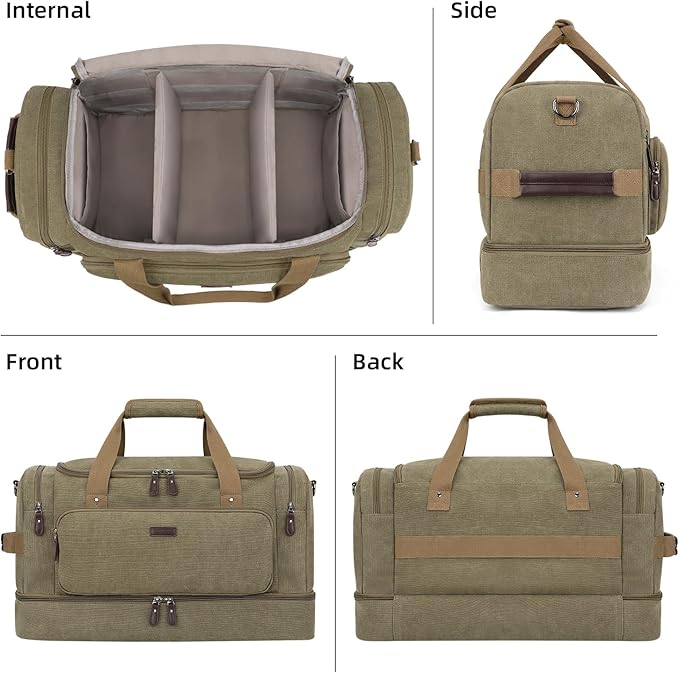 ZOMFELT Duffle Bag for travel, 40L Canvas Travel Duffel Bags for Men Women, Water Resistant Overnight Weekender Bag with Toiletry Bag & Shoe Compartment, Carry on Luggage Bag for Travel, Gym, Green