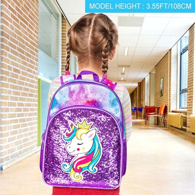 3PCS Girls Backpack, 16" Kids Sequins Unicorn Bookbag with Lunch Box, School Bags for Elementary Preschool Kindergarten - Purple