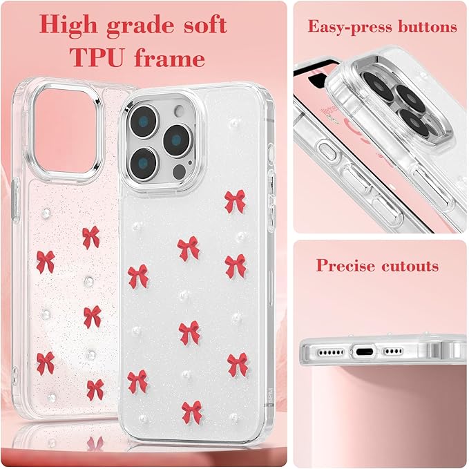 EYZUTAK Case for iPhone 15 Pro, Bling Glitter 3D Bowknot Phone Case Cute Sparkly Crystal Clear Bow Aesthetic Design Case Slim Soft Durable TPU Transparent Protective Cover for Women Girl - Red Bow