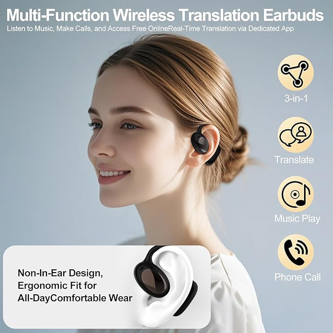 AI Translation Earbuds Real Time 3-in-1, 144 Language No Subscription Fees, Language Translator Device with APP Fit iOS & Android Bluetooth Headphones for Business Office and Travel (Black)