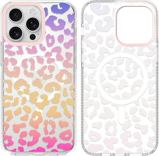 SAKUULO Magnetic for iPhone 15 Pro Case Colourful Leopard Print Pattern [Compatible with MagSafe] [with Screen Protector] Wireless Charge Strengthen Protection Cover, Colourful Leopard (6.1")