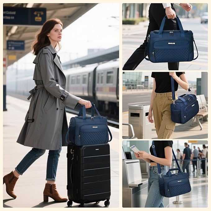 Travel Duffle Bag for Women, Underseat Carry On luggage Bag Foldable Overnight Weekender Hospital Bag Lightweight Airplanes Personal Item Travel Tote Bag for Women Birthday Gifts, 16IN Navy Blue