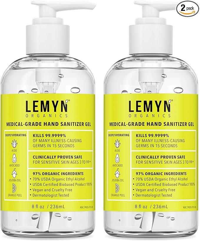 Medical‑Grade Hand Sanitizer Gel – 97 % Organic | 70 % USP Ethyl Alcohol | Moisturizing Aloe + Hyaluronic Acid | Freshly Made in USA | 8oz Bottle with Pump (PACK OF 2)