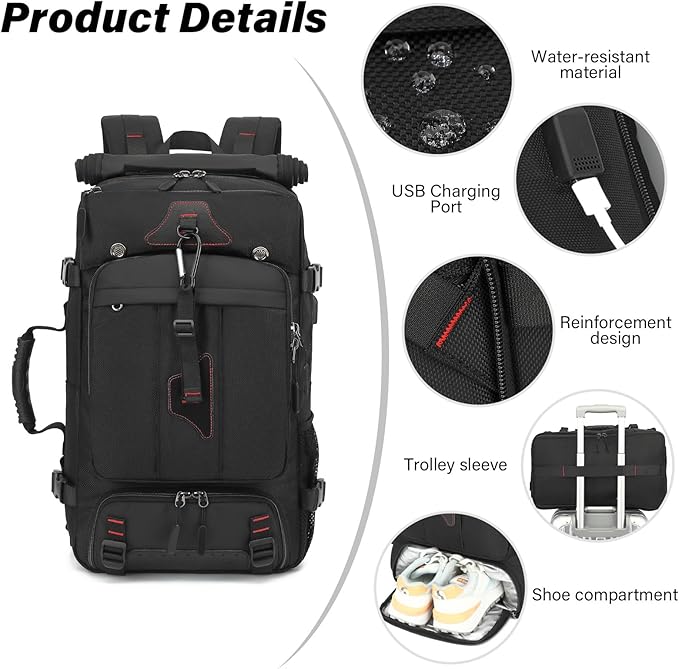 Travel Backpack for Men & Women, 50L Large Carry on Backpack Durable Convertible Duffle Bag Fit for 17 Inch Laptop with Shoe Compartment, Wet Pocket