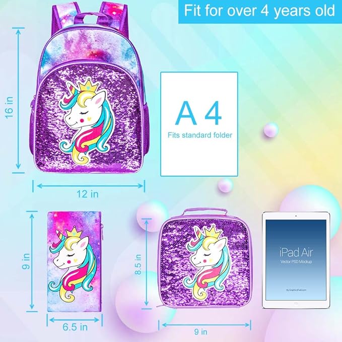 3PCS Girls Backpack, 16" Kids Sequins Unicorn Bookbag with Lunch Box, School Bags for Elementary Preschool Kindergarten - Purple