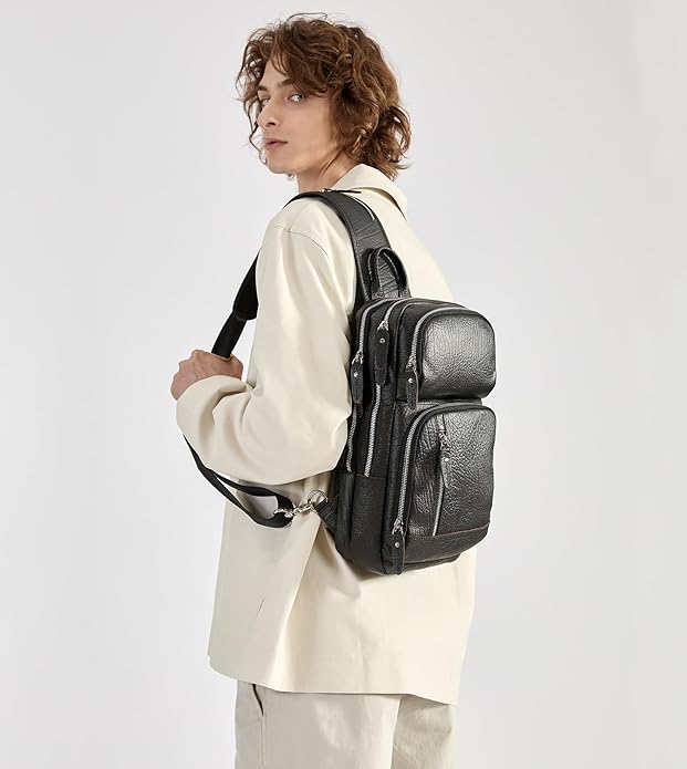 LANNSYNE Full Grain Leather Sling Bag For Men Crossbody Chest Daypack fits 10.5" iPad