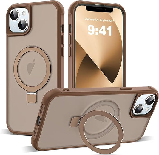 Compatible with iPhone 13 Case & iPhone 14 Case with Invisible Magnetic O-Ring Stand Translucent Phone Cases for 13 & 14 6.1" [Compatible with Mag-Safe][Great Grip Feeling], Desert Brown