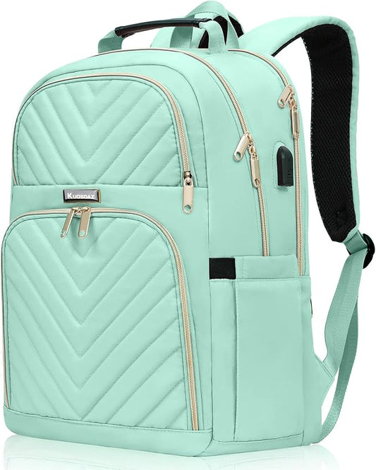 Backpack for Men Women, School Backpack for Boys Girls, 15.6 Inch Quilted Laptop Backpack with USB Charging Port, Large High School Bookbags for Teens, Teal