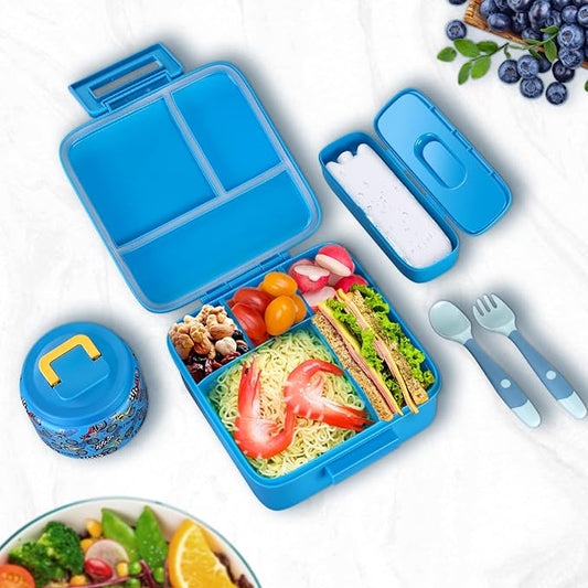 Bento Lunch Box for Kids With 8oz Soup thermo,Leak-proof Lunch Containers with 5 Compartment,thermo Food Jar and Lunch Bag, Food Containers for School (A-Blue(Extreme Locomotive))