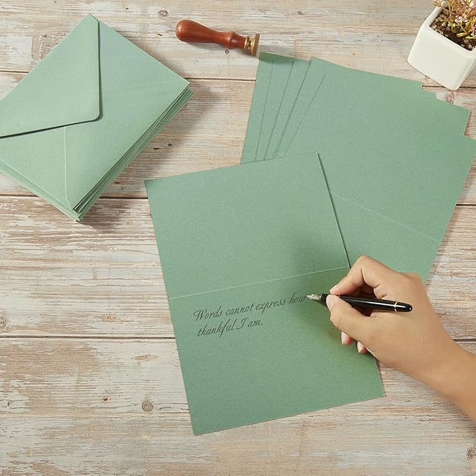 50 Pack Sage-Green A7 Envelopes with Cards 5x7 Thick Folded Cardstock and Gold Stickers for Greeting Cards, Wedding, Birthday, Invitations, Baby Showers (Sage-Green, 5x7)