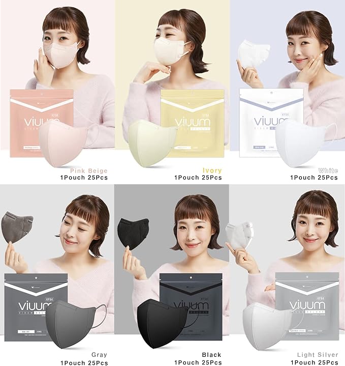 HOMSSEM [25pcs] VIUUM Deluxe Korean Face Color Mask– Soft and Durable Korea Face Mask for Adults –2D 4-Layer Filter 6Color (White-Medium)
