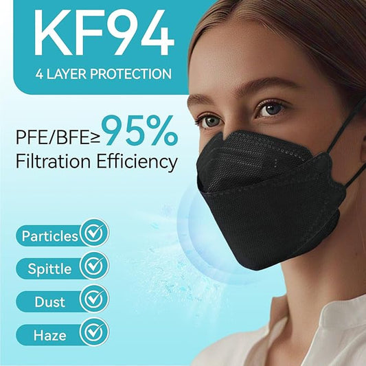 60pcs KF94 mask,Disposable Black Masks,4 layers Protection Filter Efficiency>95%,Double line nasal frame,Highly elastic ear straps,Breathable comfort,Suitable men women daily use