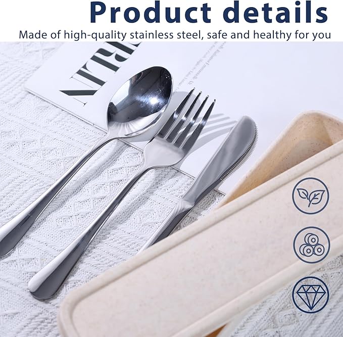 HANSGO 3PCS Portable Utensils Set with Case, Travel Cutlery Set Stainless Steel Utensils Reusable Silverware for Lunch Camping School Picnic Office Dishwasher Safe Beige