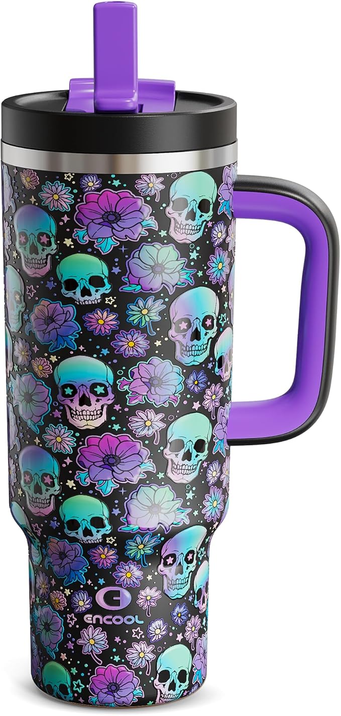 40oz Halloween Tumbler with Handle and Straw, Stainless Steel Insulated Water Bottle with Straw, Leak-Proof, Cup Holder Friendly, Keeps Cold 24 H, Gifts for Women Men, Floral Afterlife