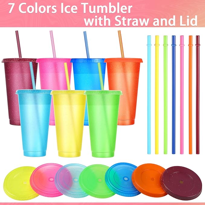 Honeydak 15 Pack Tumbler with Straw and Lid Bulk Glitter Plastic Cups Water Bottle Iced Coffee Travel Mug Reusable Party Favor Cups for Birthdays travel 24-27 oz (Cute Colors)