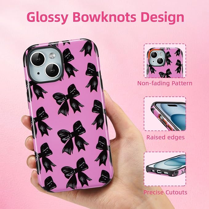 QLTYPRI Case for iPhone 15, Aesthetic Black Ribbon Bow Phone Case for Girls Women, Protective Hybrid 2-Layer Hard Shell Silicone Cover Durable Shockproof Phone Cover - Rose Red