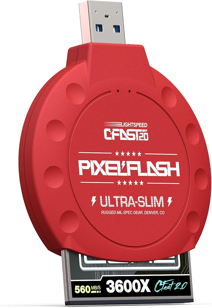 PixelFlash CFast 2.0 Card Reader (Red) - Memory Card Adapter with USB 3.0, 500Mb/s File Transfer, Ultra-Slim & Anti-Slip Rubber Shell, Compatible with Most Brands & OS
