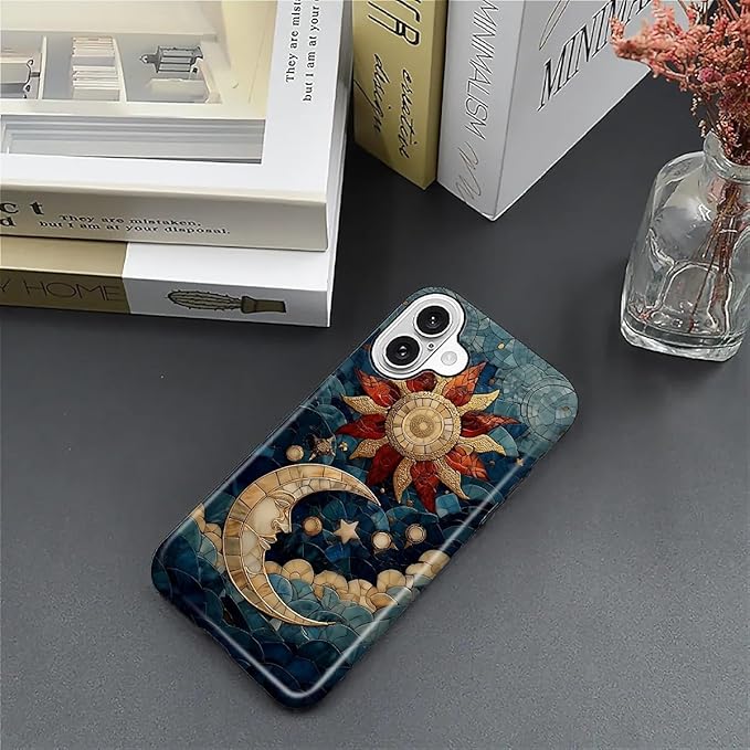Case for iPhone 16 Case,Sun Moon Stars Faux Stained Glass Design - Hybrid Dual Protection Silicone + Hard PC Shockproof Full Body Cover Slim Anti-Scratch Protective Case for Men Women