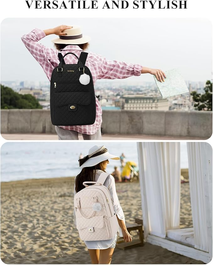 Teen Girls Backpack Aesthetic Bookbag for School, Women Laptop Bag with Charging Hole for Work Travel Middle High School Big Student, Beige